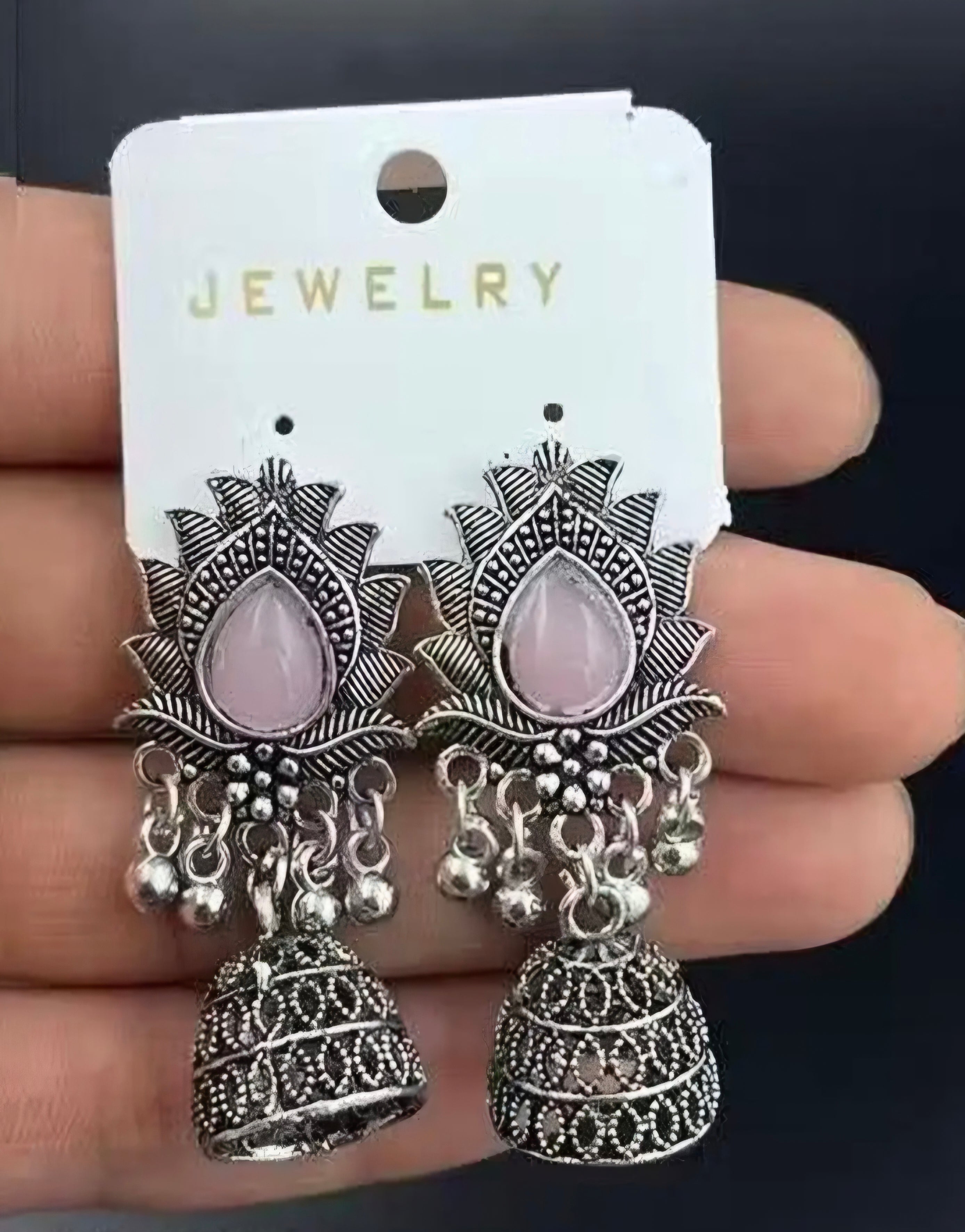 OXIDISED PINK STONE JHUMKA EARRINGS