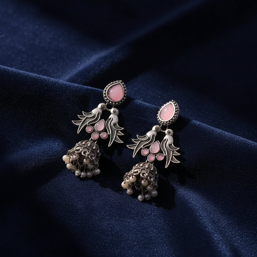 Handcrafted Vintage Pink Stone Jhumki with Pearls