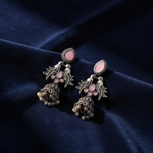 Handcrafted Vintage Pink Stone Jhumki with Pearls