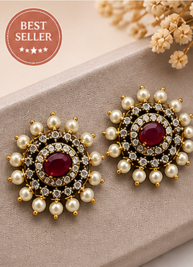 PEARL & STONE STUD EARRINGS