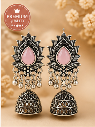 OXIDISED PINK STONE JHUMKA EARRINGS