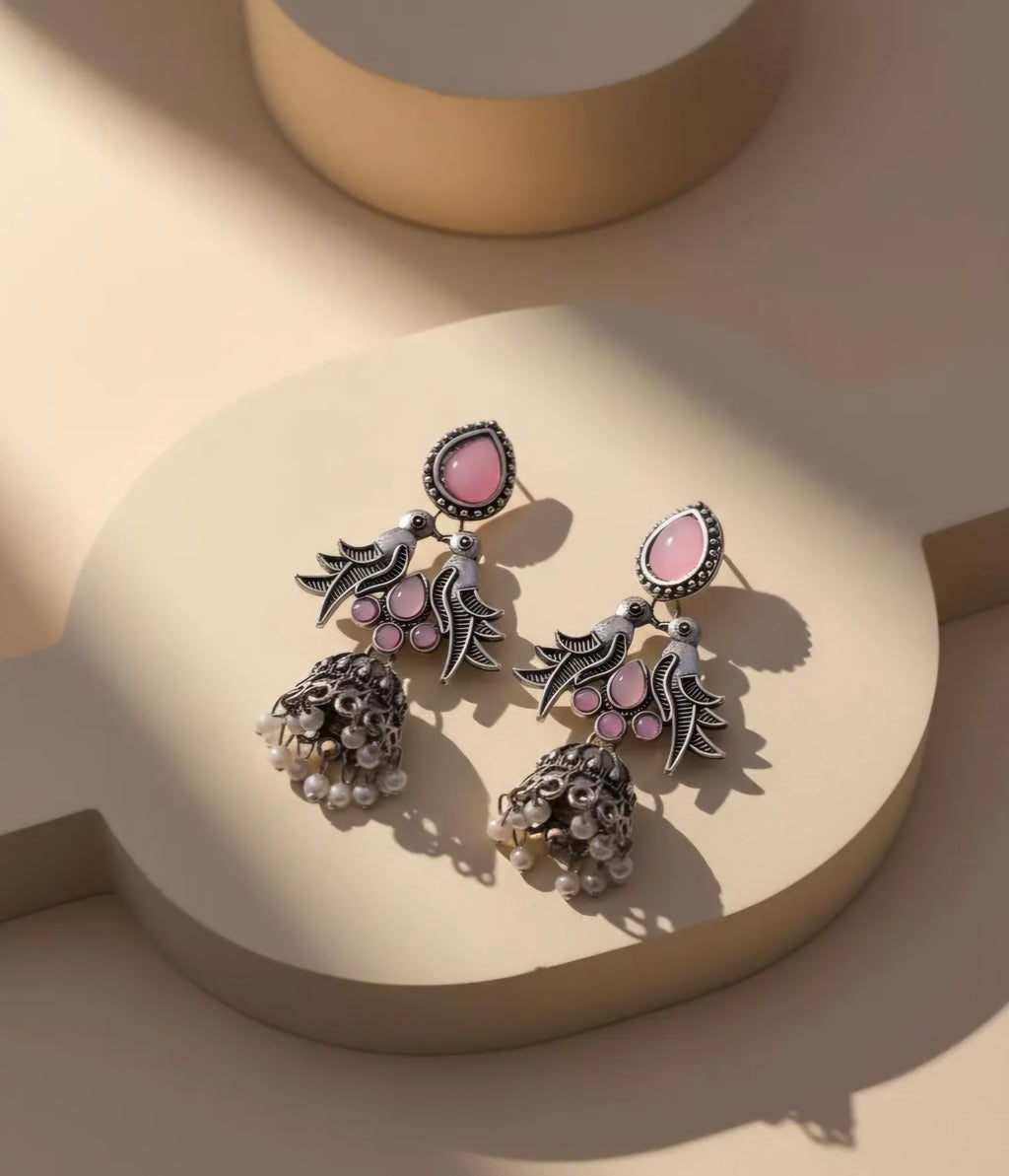 Handcrafted Vintage Pink Stone Jhumki with Pearls